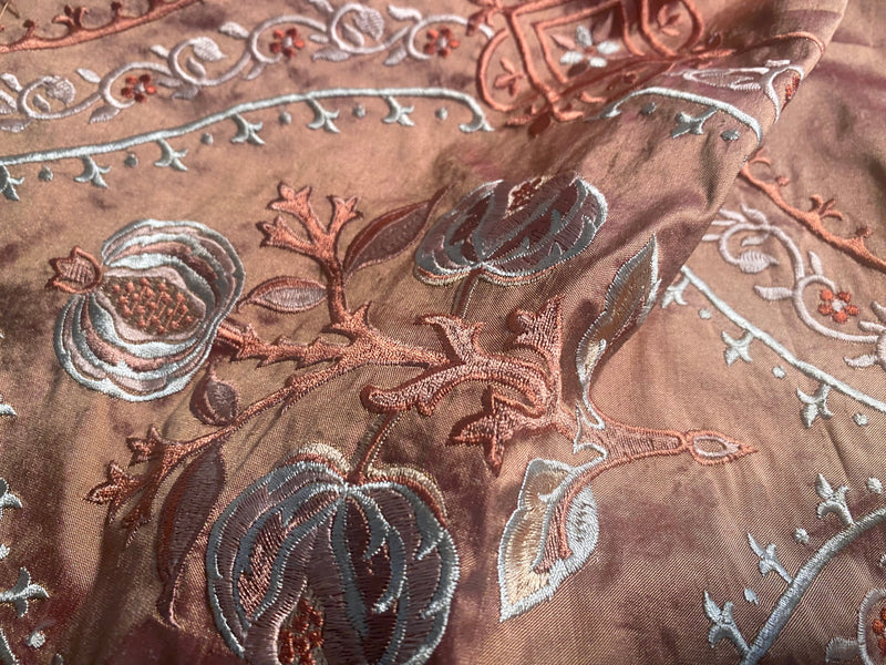 App Sale: Queen Riviera Novelty 100% Silk Dupioni Embroidered Floral Fabric - Copper Pink