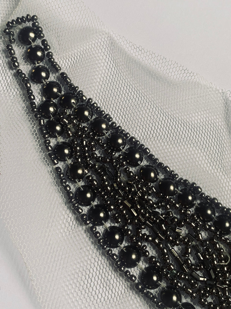 NEW THE QUEEN Silver Beaded Appliqué on White Mesh Lace