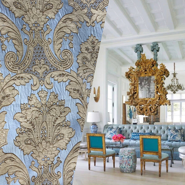 NEW King Donald Designer Brocade Satin Burnout Chenille Upholstery Velvet Fabric - Sky Blue - Fancy Styles Fabric Pierre Frey Lee Jofa Brunschwig & Fils