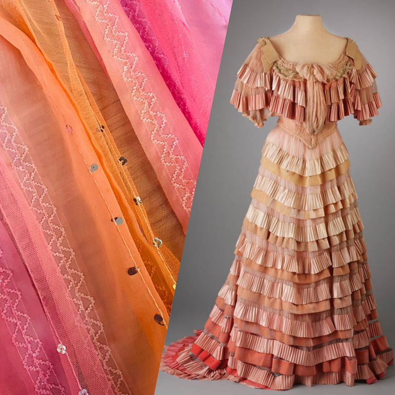 NEW Lady Lidaya Layered Mesh Lace on Chiffon with Embroidery & Sequins- Pink Sunset Sorbet