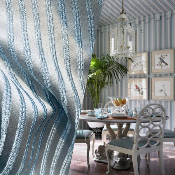 NEW Princess Gemma STRIPE Designer Brocade Satin Fabric- Ice Blue on Grey- Upholstery - Fancy Styles Fabric Pierre Frey Lee Jofa Brunschwig & Fils