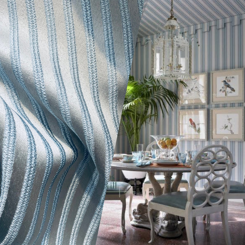 NEW Princess Gemma STRIPE Designer Brocade Satin Fabric- Ice Blue on Grey- Upholstery