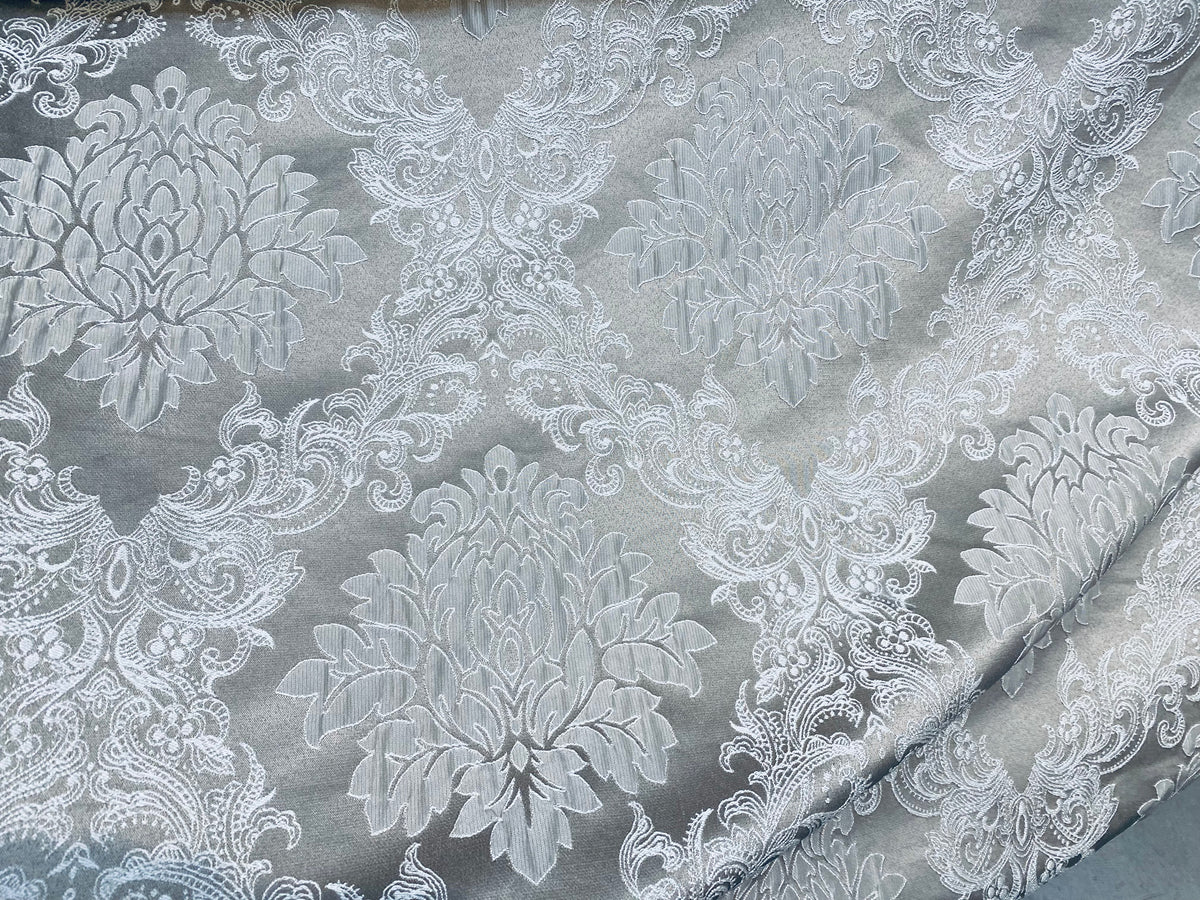 NEW Princess Gemma Designer Brocade Satin Fabric- Gray On Gray- Upholstery Medallion - Fancy Styles Fabric Pierre Frey Lee Jofa Brunschwig & Fils