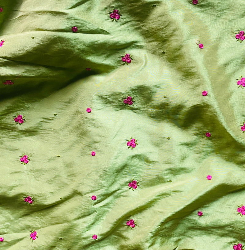 NEW Duchess Penny Lime Green Iridescence Faux Silk Embroidered Pink Floral Fabric