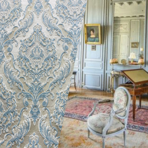 NEW Queen Marianna Novelty Ritz Neoclassical Brocade Satin Fabric - Eggshell Blue - Fancy Styles Fabric Pierre Frey Lee Jofa Brunschwig & Fils