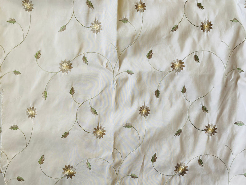 App Sale: Queen Lamar 100% Silk Taffeta Ecru with Champagne and Green Floral Embroidery- SB_3_11