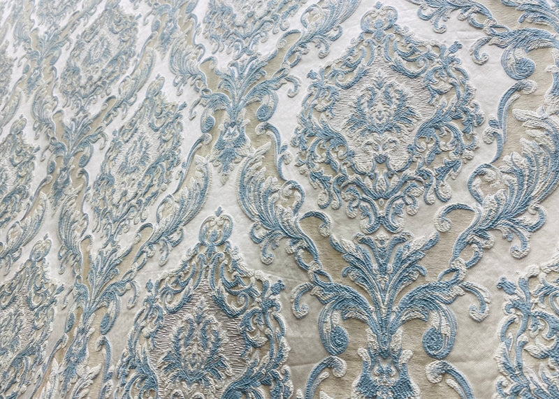NEW Queen Marianna Novelty Ritz Neoclassical Brocade Satin Fabric - Eggshell Blue