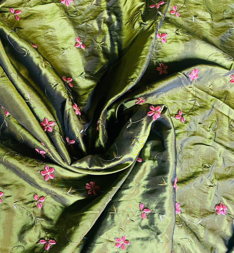 NEW Duchess Dahlila Olive Green Iridescence Faux Silk Embroidered Fabric