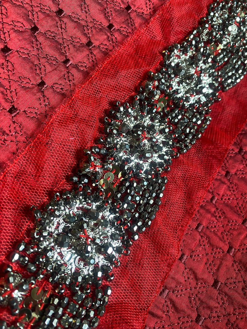 App Deal: THE PRINCE LUKE Silver Beaded Appliqué on Red Mesh Lace