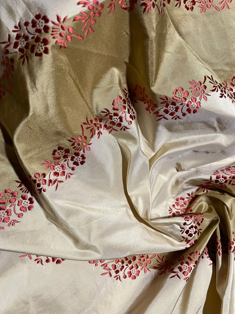 App Sale: Lady Kristen Designer 100% Silk Taffeta Embroidered Stripe Floral Fabric- Gold and Red