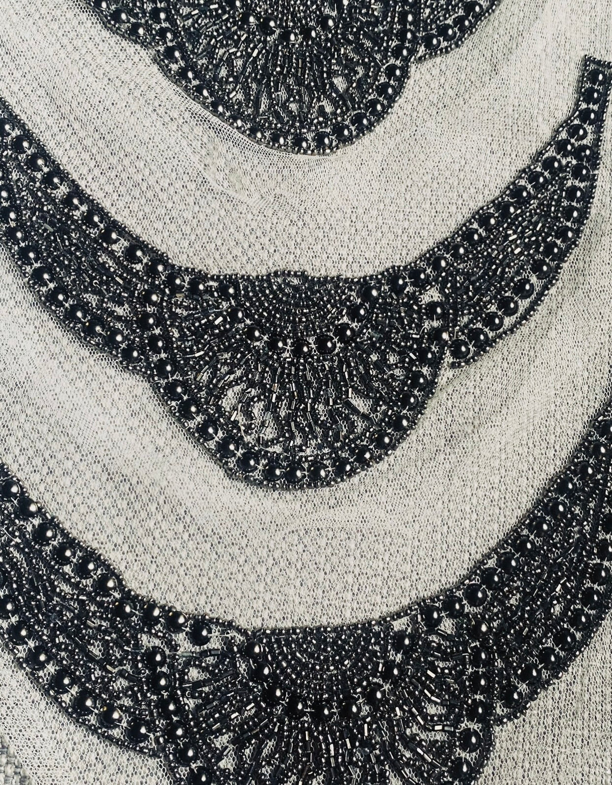 NEW THE QUEEN Silver Beaded Appliqué on White Mesh Lace - Fancy Styles Fabric Pierre Frey Lee Jofa Brunschwig & Fils