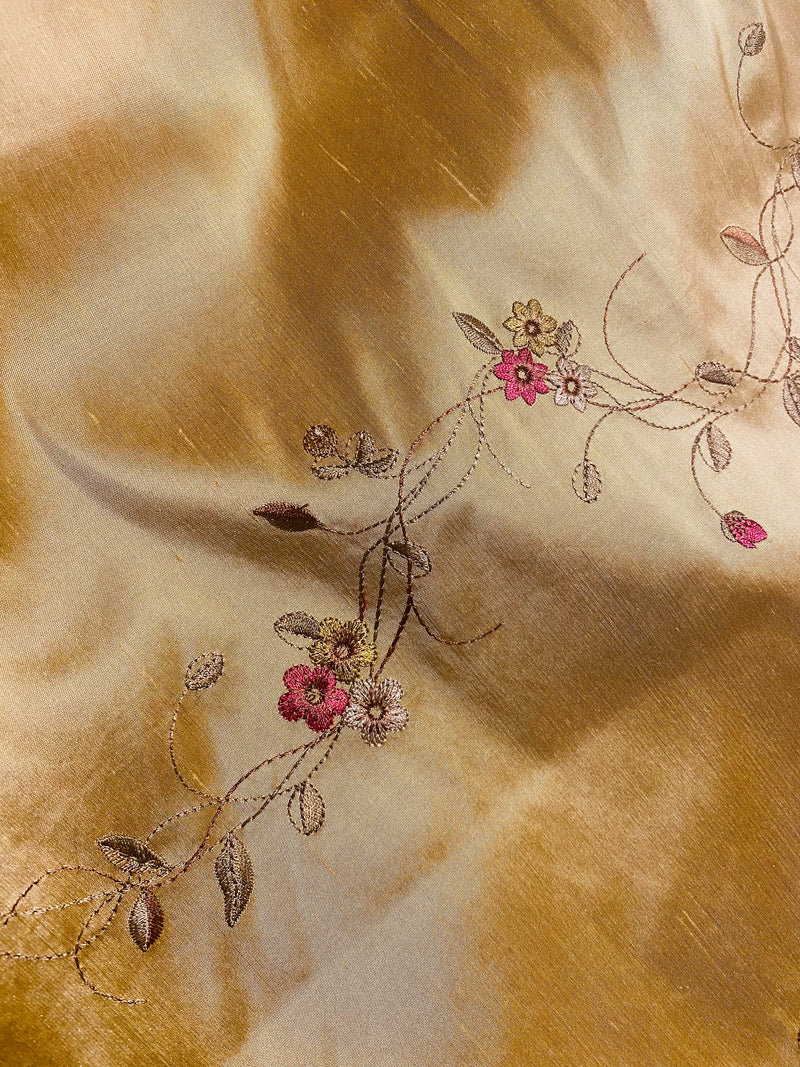 App Sale: Duchess Rowena 100% Silk Dupioni Embroidery Floral Fabric- Golden Yellow SB_3_10