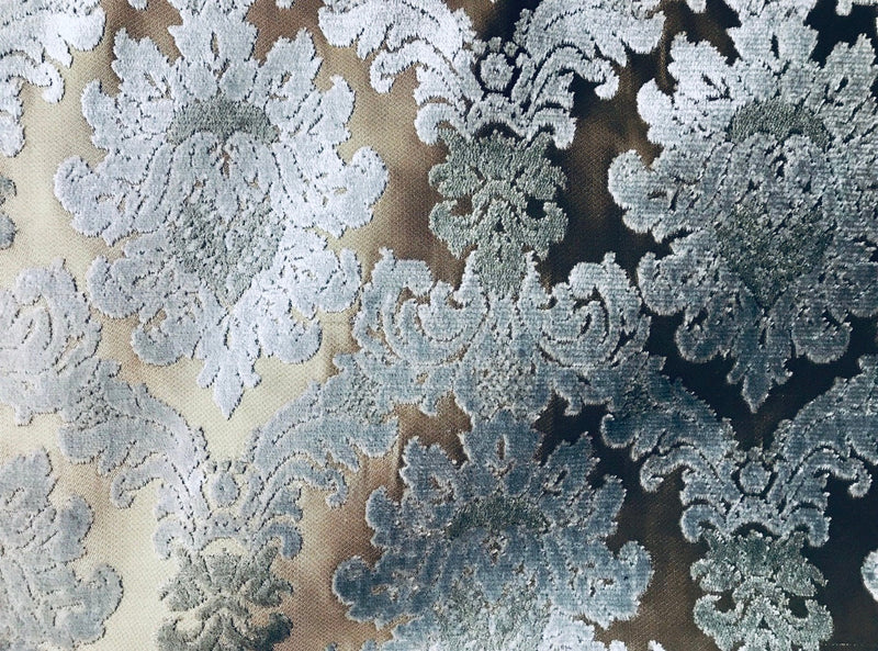 NEW! Emperor Walter Designer Italian Burnout Damask Chenille Silver-Blue Bronze Fabric Upholstery - Fancy Styles Fabric Pierre Frey Lee Jofa Brunschwig & Fils