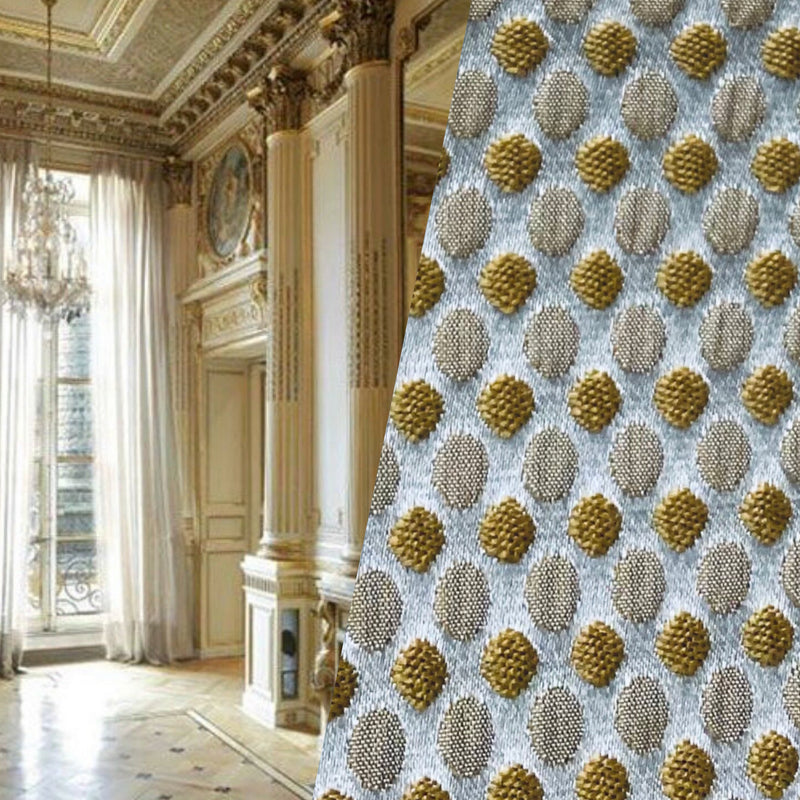 NEW! Princess Gemma DOT Designer Brocade Satin Fabric- Antique Gold And White - Upholstery Medallion