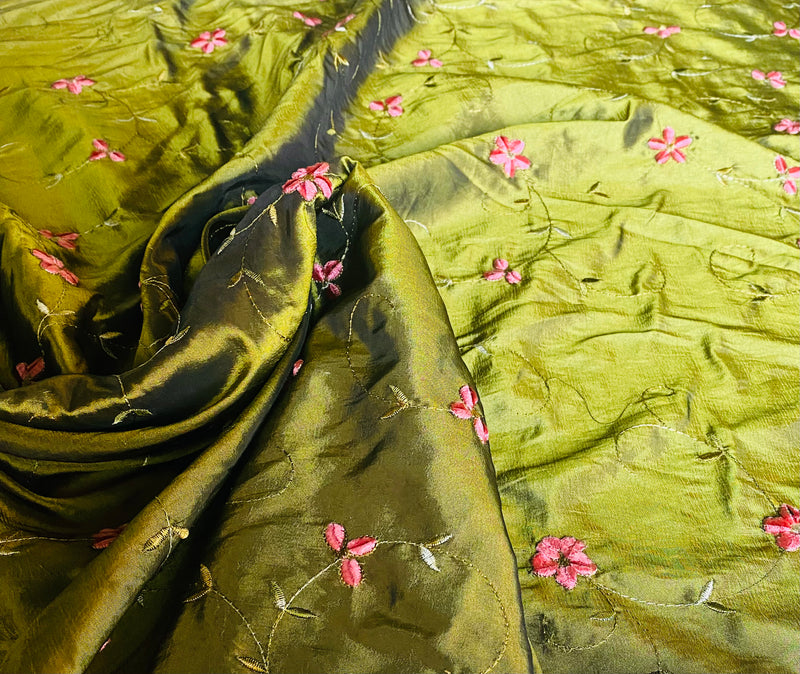 NEW Duchess Dahlila Olive Green Iridescence Faux Silk Embroidered Fabric