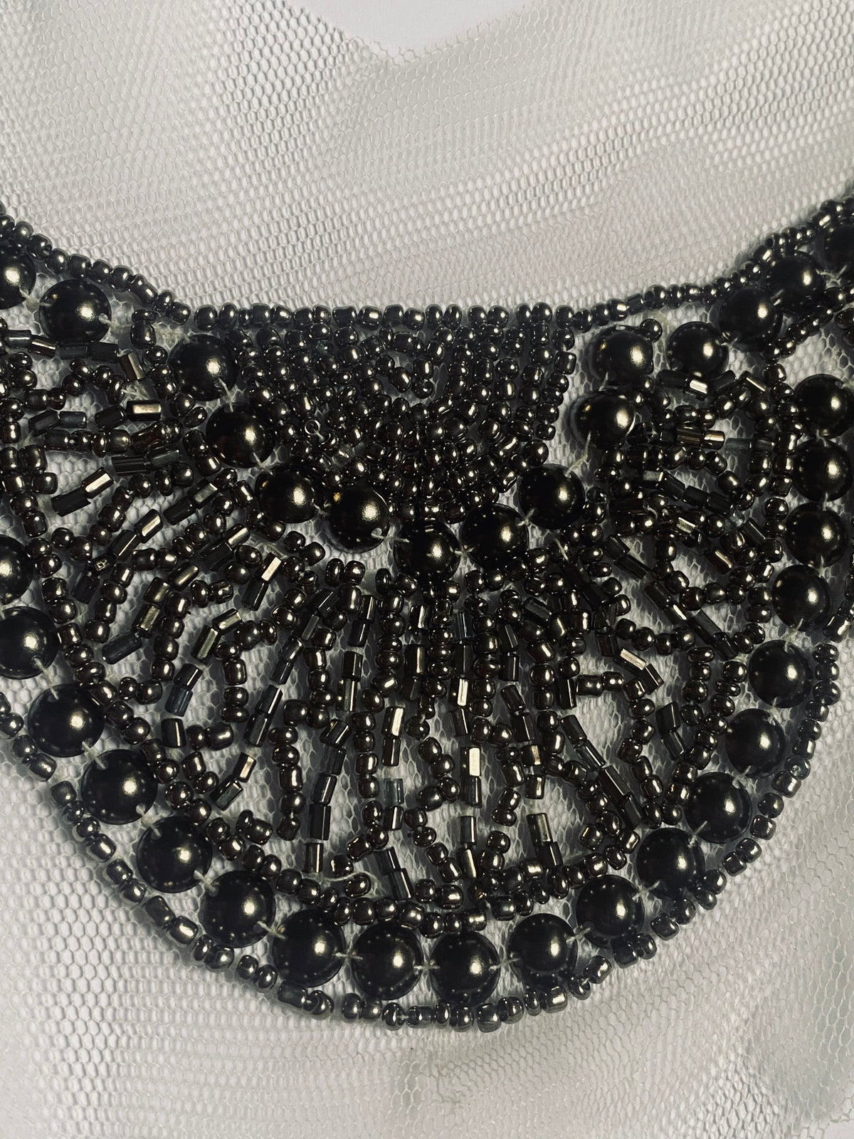 NEW THE QUEEN Silver Beaded Appliqué on White Mesh Lace - Fancy Styles Fabric Pierre Frey Lee Jofa Brunschwig & Fils
