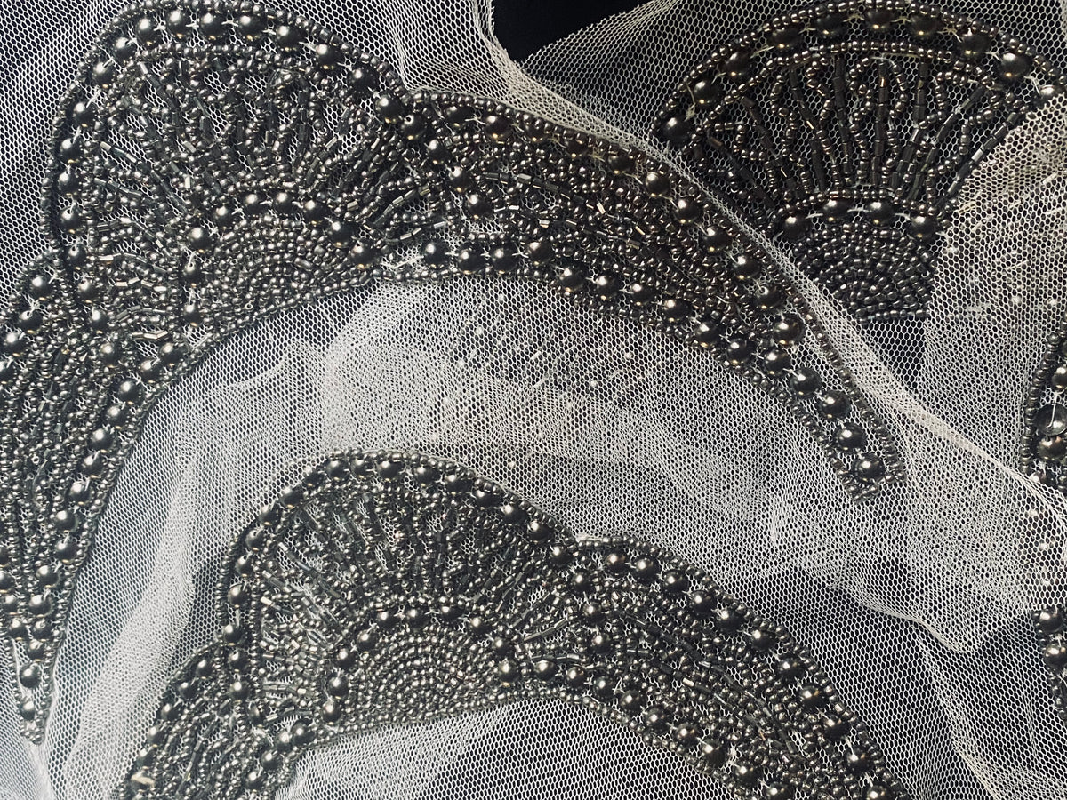 NEW THE QUEEN Silver Beaded Appliqué on White Mesh Lace - Fancy Styles Fabric Pierre Frey Lee Jofa Brunschwig & Fils