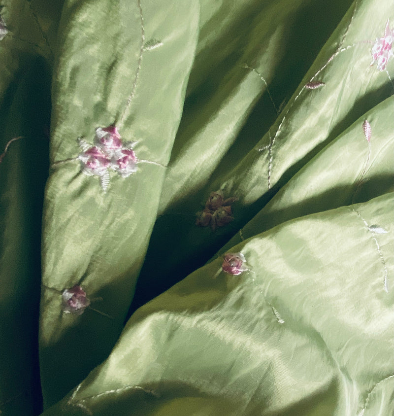 NEW Duchess Rosalie Lime Green Iridescence Faux Silk Embroidered Pink Floral Fabric