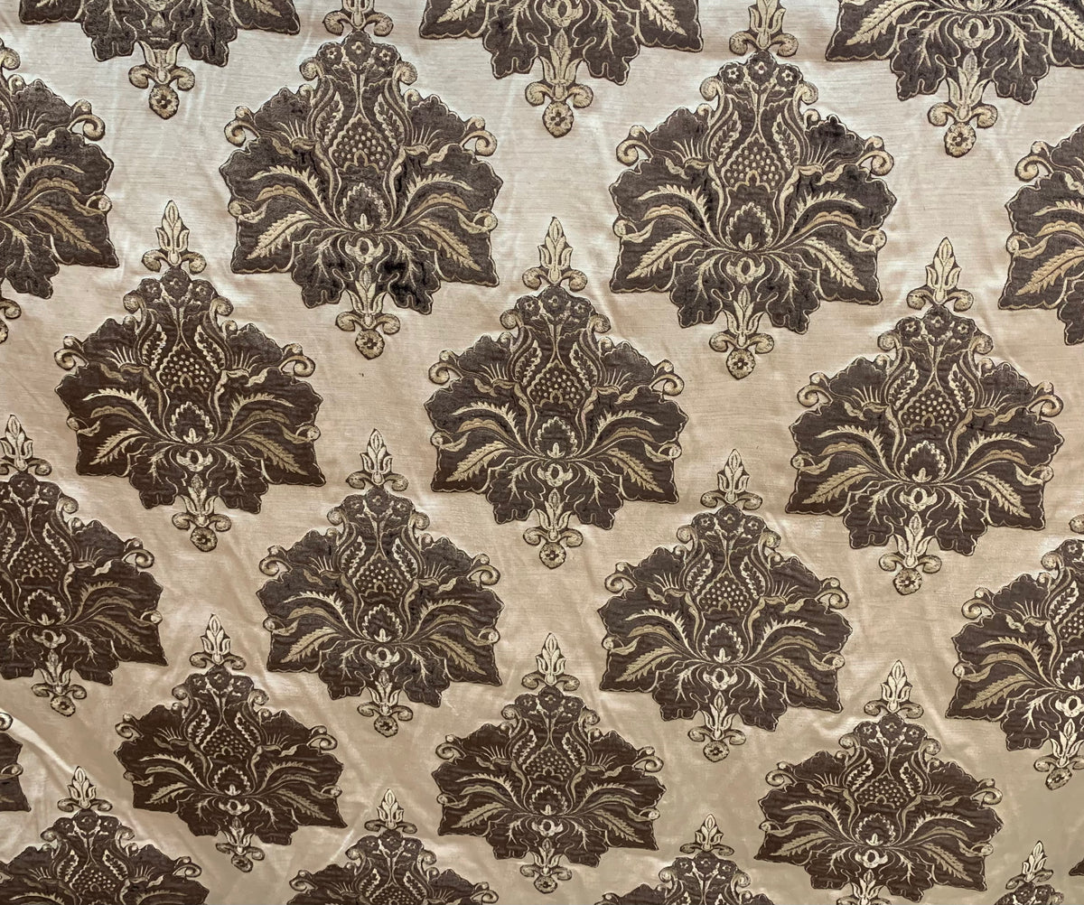 NEW! By The Roll (Wholesale): 100% Silk Made In Belgium Brocade Cut Velvet Fabric- Taupe Chocolate - Upholstery - Fancy Styles Fabric Pierre Frey Lee Jofa Brunschwig & Fils