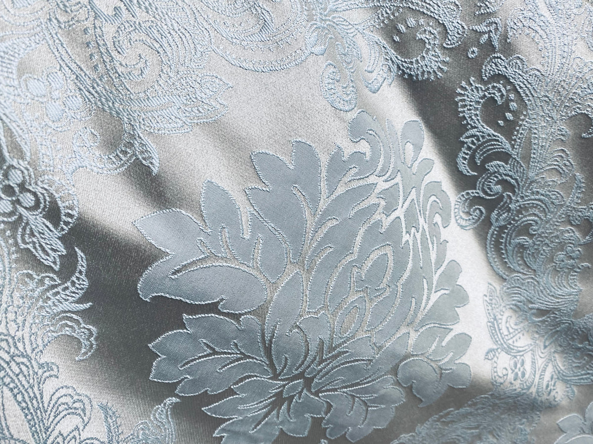 NEW Princess Gemma Designer Brocade Satin Fabric- Ice Blue on Grey- Upholstery Medallion - Fancy Styles Fabric Pierre Frey Lee Jofa Brunschwig & Fils