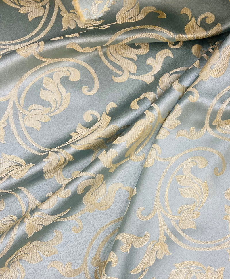 NEW Lord Percephone Neoclassical Floral Duck Egg Blue and Gold Upholstery and Drapery Fabric