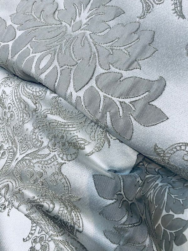 NEW Princess Gemma Designer Brocade Satin Fabric-Cloud Grey- Upholstery Medallion - Fancy Styles Fabric Pierre Frey Lee Jofa Brunschwig & Fils