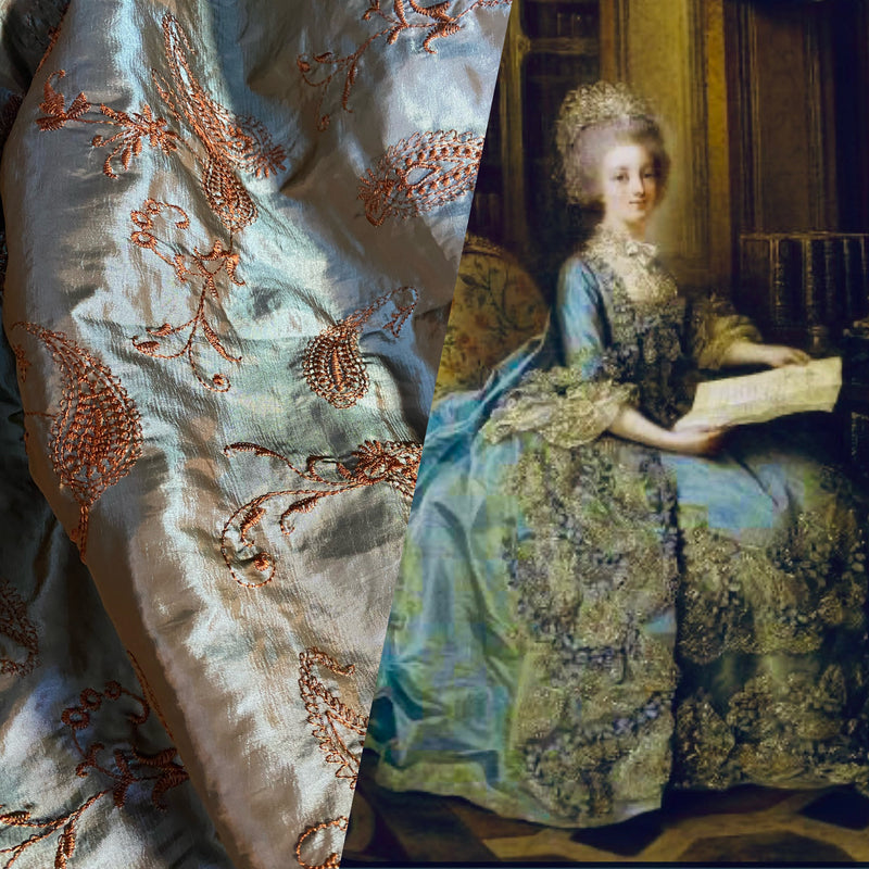 App Sale: Duchess Mabelina Embroidered “Faux Silk” Fabric Blue & Copper Iridescence