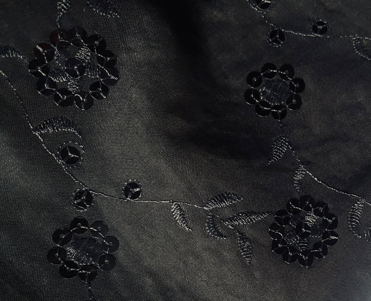 NEW Queen Carmine 100% Cotton Dress Weight Fabric with Embroidery and Sequins - Black - Fancy Styles Fabric Pierre Frey Lee Jofa Brunschwig & Fils