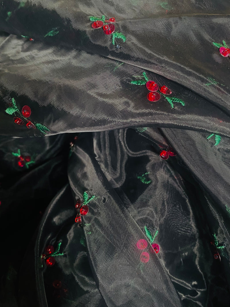 NEW Queen Cherry Beaded Embellished Embroidered Organza Fabric- Black