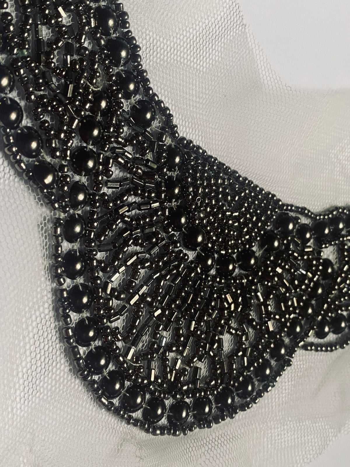 NEW THE QUEEN Silver Beaded Appliqué on White Mesh Lace - Fancy Styles Fabric Pierre Frey Lee Jofa Brunschwig & Fils