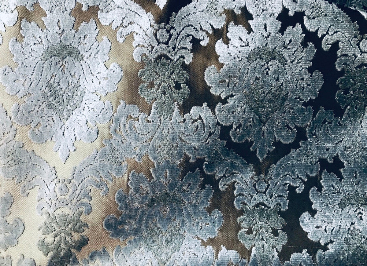 NEW! Emperor Walter Designer Italian Burnout Damask Chenille Silver-Blue Bronze Fabric Upholstery - Fancy Styles Fabric Pierre Frey Lee Jofa Brunschwig & Fils