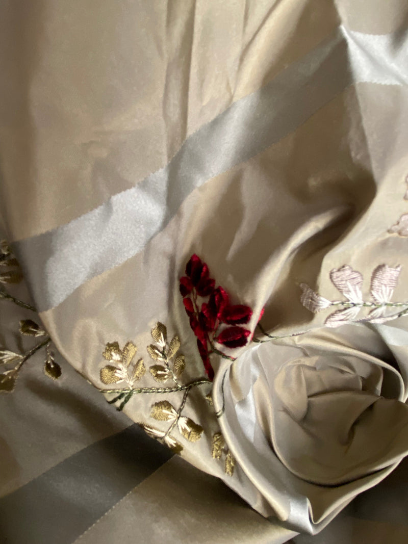 App Sale: Lady Lana Designer 100% Silk Taffeta Embroidered Fabric- Grey Burgundy Stripe Floral