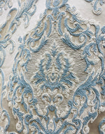 NEW Queen Marianna Novelty Ritz Neoclassical Brocade Satin Fabric - Eggshell Blue