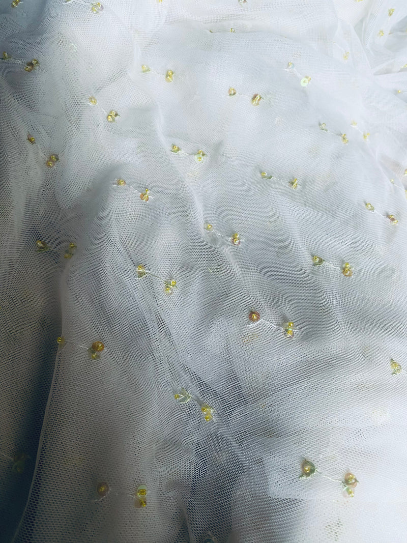 NEW Lady Nita Tulle in White with Yellow Beaded Embroidered Flowers Fabric