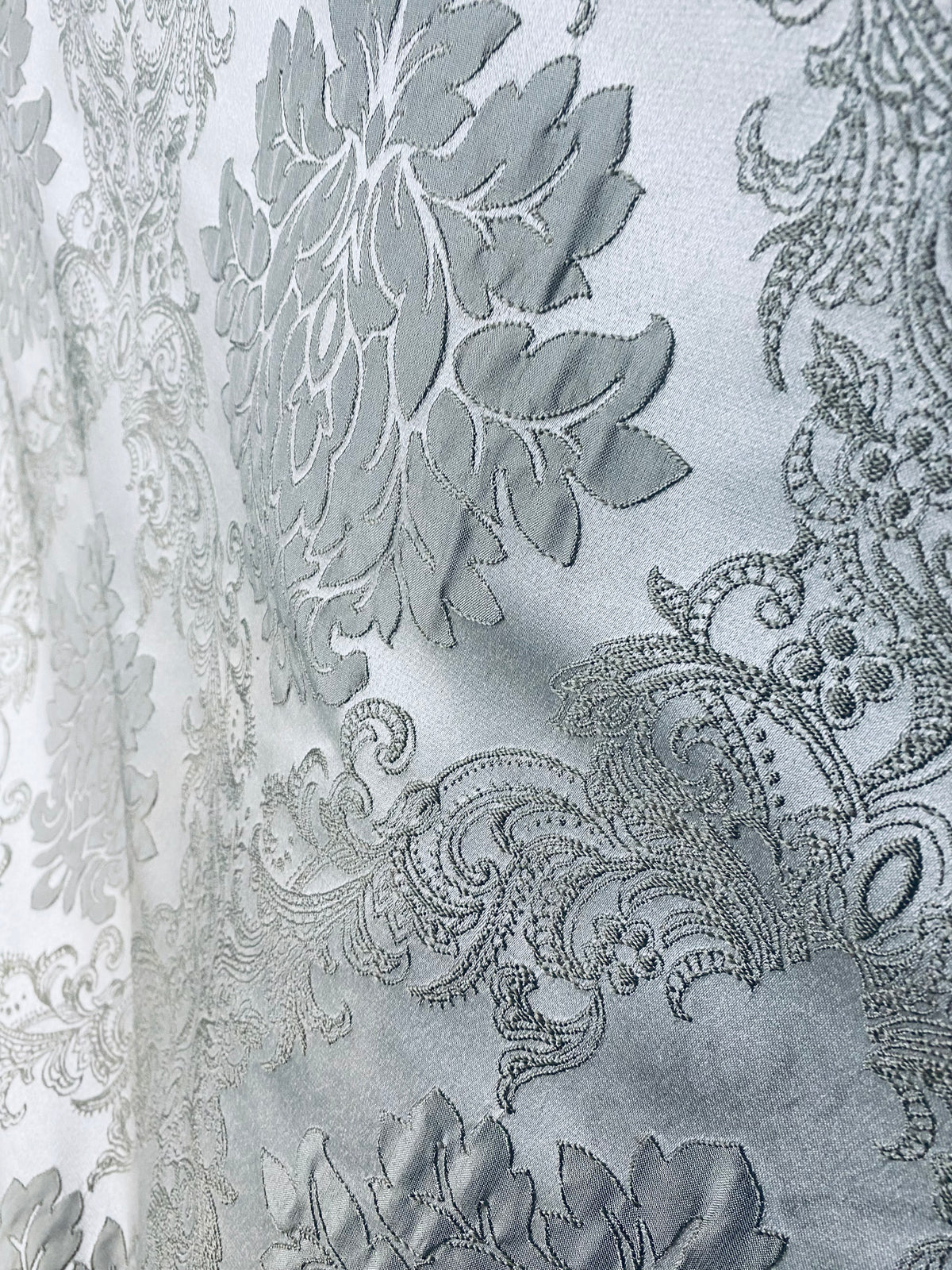 NEW Princess Gemma Designer Brocade Satin Fabric-Cloud Grey- Upholstery Medallion - Fancy Styles Fabric Pierre Frey Lee Jofa Brunschwig & Fils