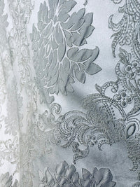 NEW Princess Gemma Designer Brocade Satin Fabric-Cloud Grey- Upholstery Medallion - Fancy Styles Fabric Pierre Frey Lee Jofa Brunschwig & Fils