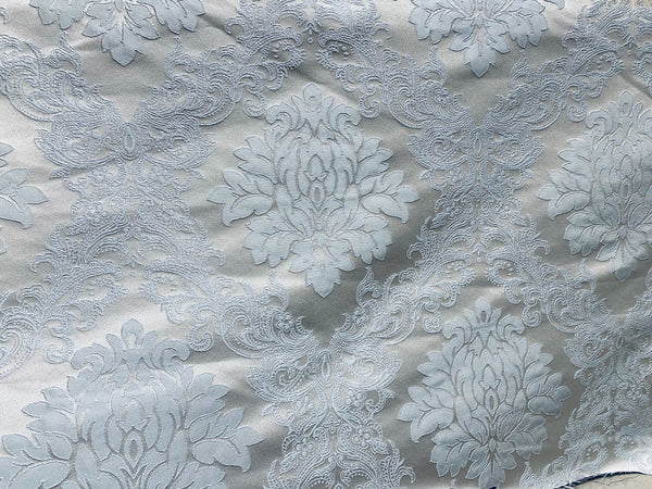 NEW Princess Gemma Designer Brocade Satin Fabric- Ice Blue on Grey- Upholstery Medallion - Fancy Styles Fabric Pierre Frey Lee Jofa Brunschwig & Fils