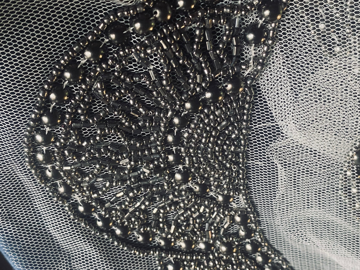 NEW THE QUEEN Silver Beaded Appliqué on White Mesh Lace - Fancy Styles Fabric Pierre Frey Lee Jofa Brunschwig & Fils