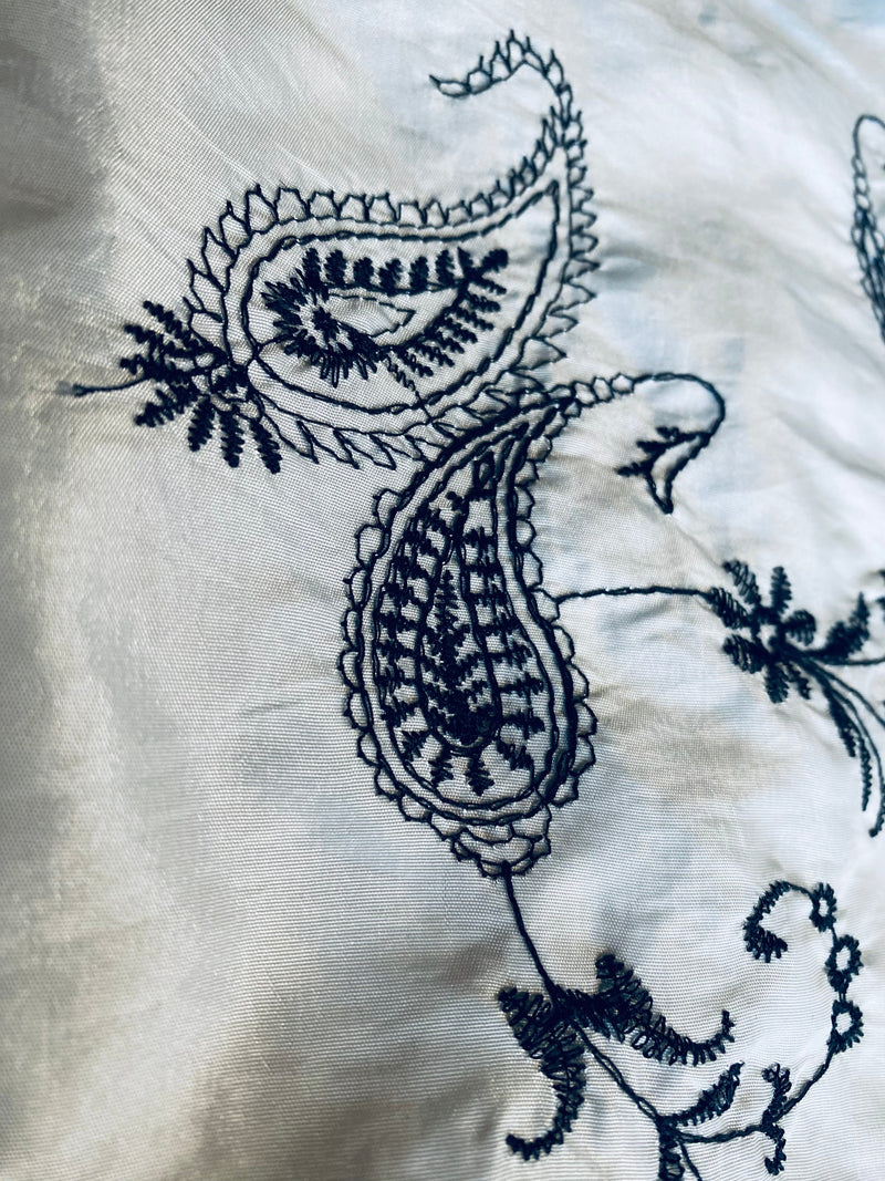 App Sale: Duchess Mabelina Embroidered “Faux Silk” Fabric White & Black Iridescence