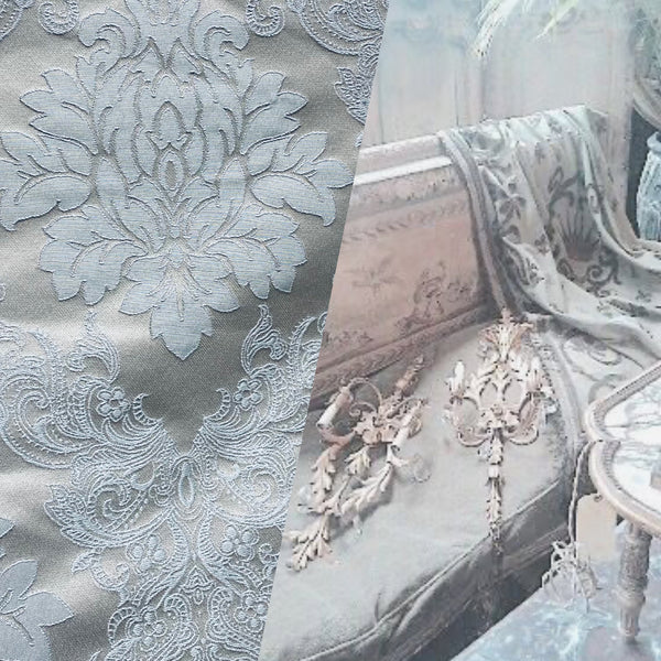 NEW Princess Gemma Designer Brocade Satin Fabric- Ice Blue on Grey- Upholstery Medallion - Fancy Styles Fabric Pierre Frey Lee Jofa Brunschwig & Fils