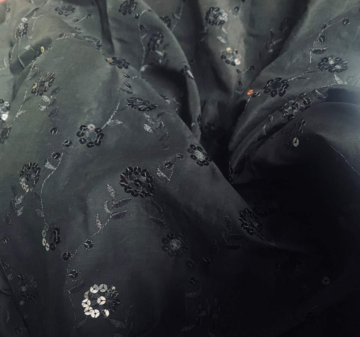 NEW Queen Carmine 100% Cotton Dress Weight Fabric with Embroidery and Sequins - Black - Fancy Styles Fabric Pierre Frey Lee Jofa Brunschwig & Fils