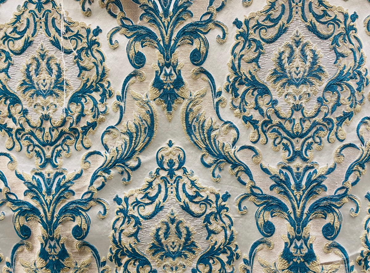 NEW Queen Marianna Novelty Ritz Neoclassical Brocade Satin Fabric - Peacock Blue - Fancy Styles Fabric Pierre Frey Lee Jofa Brunschwig & Fils