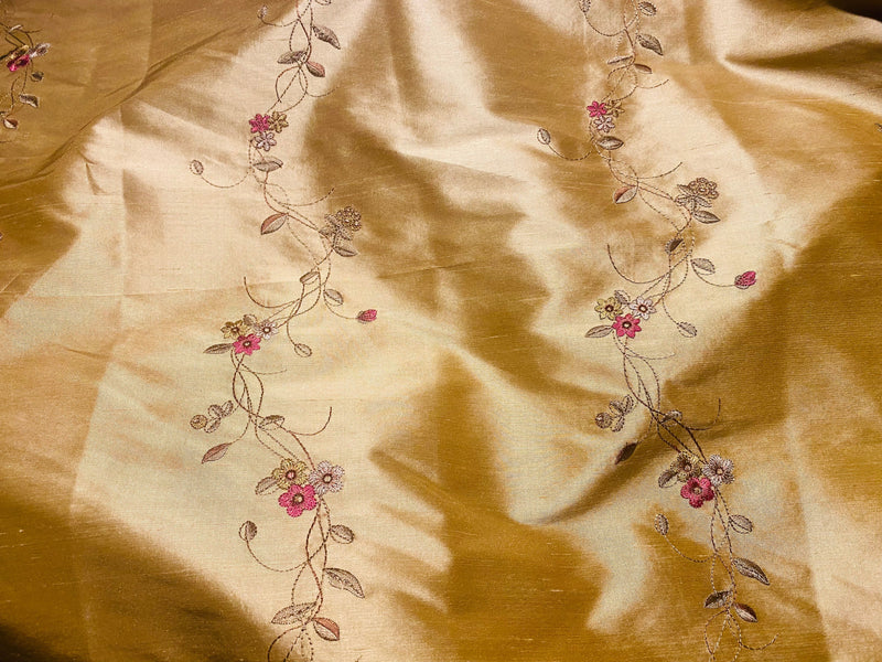 App Sale: Duchess Rowena 100% Silk Dupioni Embroidery Floral Fabric- Golden Yellow SB_3_10
