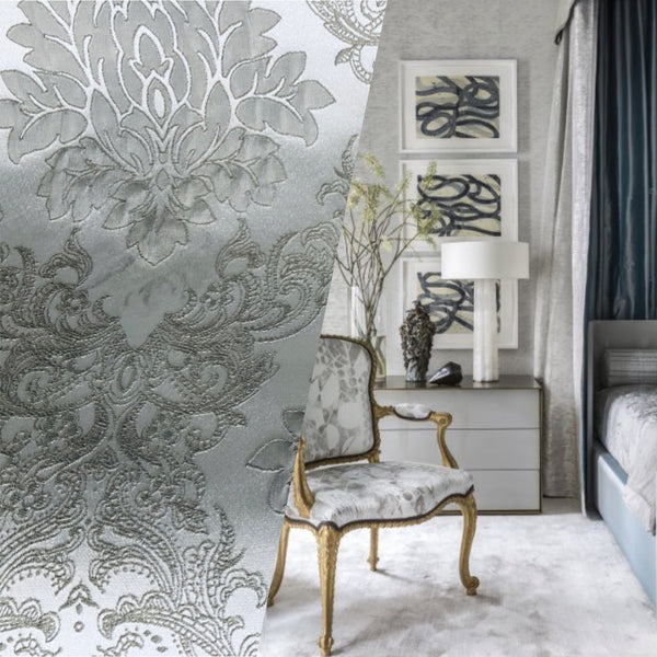 NEW Princess Gemma Designer Brocade Satin Fabric-Cloud Grey- Upholstery Medallion - Fancy Styles Fabric Pierre Frey Lee Jofa Brunschwig & Fils