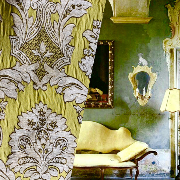 NEW King Donald Designer Brocade Satin Burnout Chenille Upholstery Velvet Fabric - Yellow - Fancy Styles Fabric Pierre Frey Lee Jofa Brunschwig & Fils