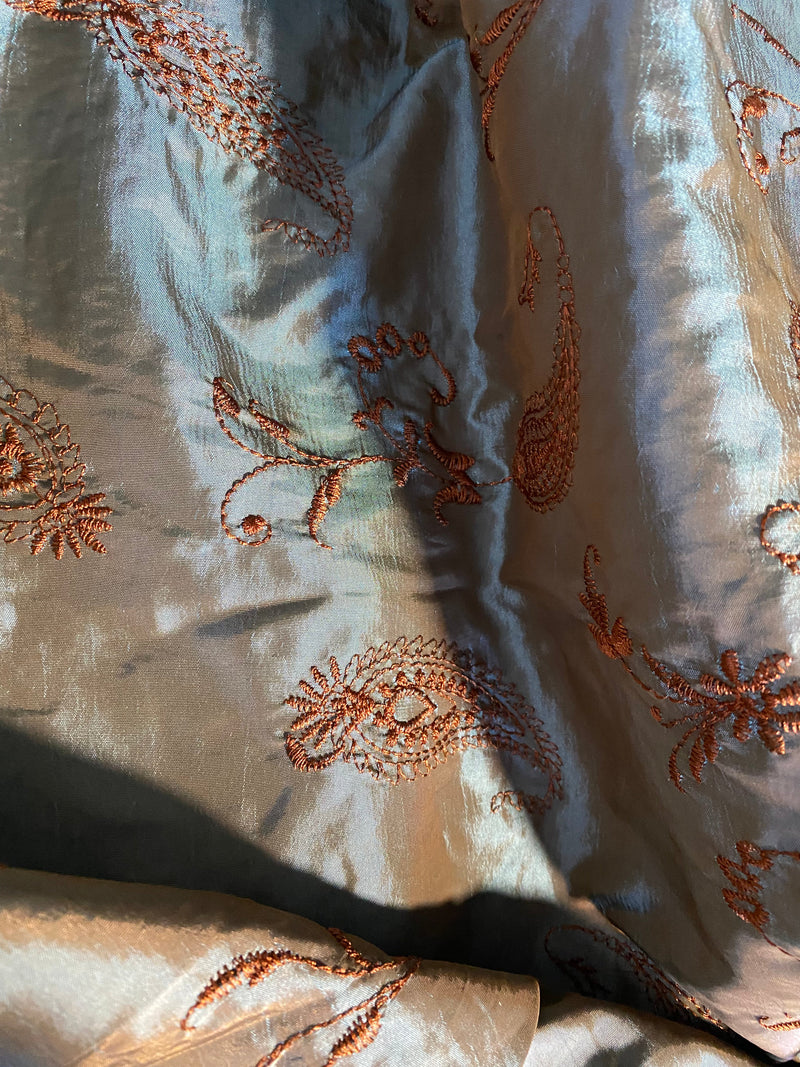 App Sale: Duchess Mabelina Embroidered “Faux Silk” Fabric Blue & Copper Iridescence