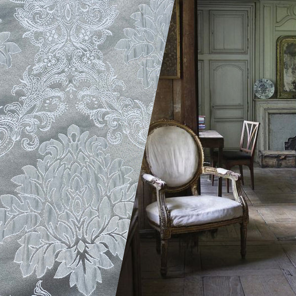 NEW Princess Gemma Designer Brocade Satin Fabric- Gray On Gray- Upholstery Medallion - Fancy Styles Fabric Pierre Frey Lee Jofa Brunschwig & Fils