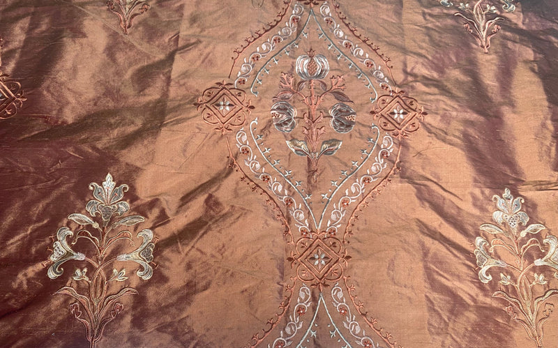 App Sale: Queen Riviera Novelty 100% Silk Dupioni Embroidered Floral Fabric - Copper Pink