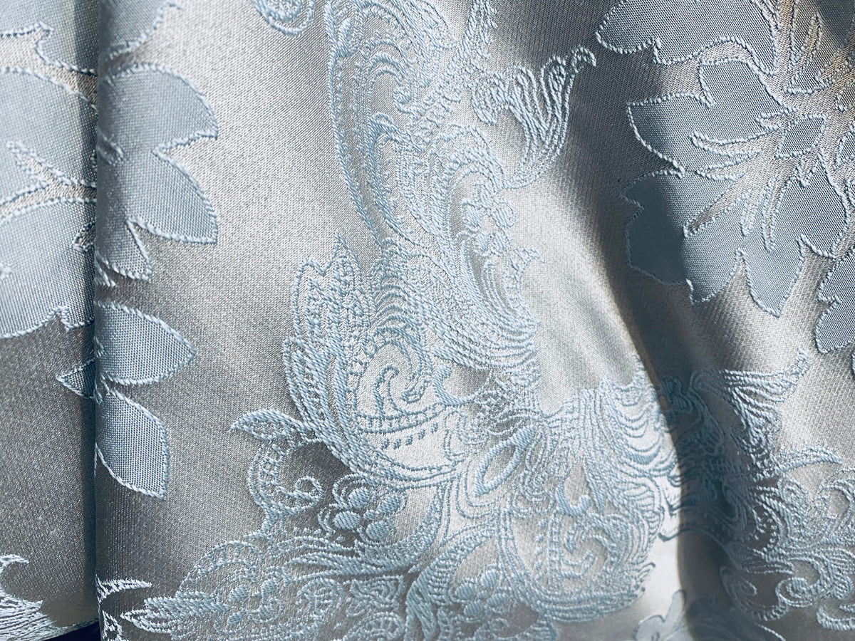 NEW Princess Gemma Designer Brocade Satin Fabric- Ice Blue on Grey- Upholstery Medallion - Fancy Styles Fabric Pierre Frey Lee Jofa Brunschwig & Fils