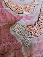 Haggle: THE PRINCESS PEARL Pink Pearl Beaded Appliqué on White Mesh Lace